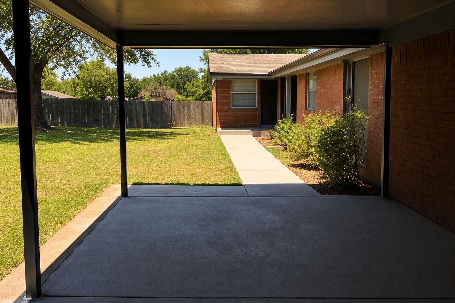 Shaded carport slab opening to a bright front walkway
