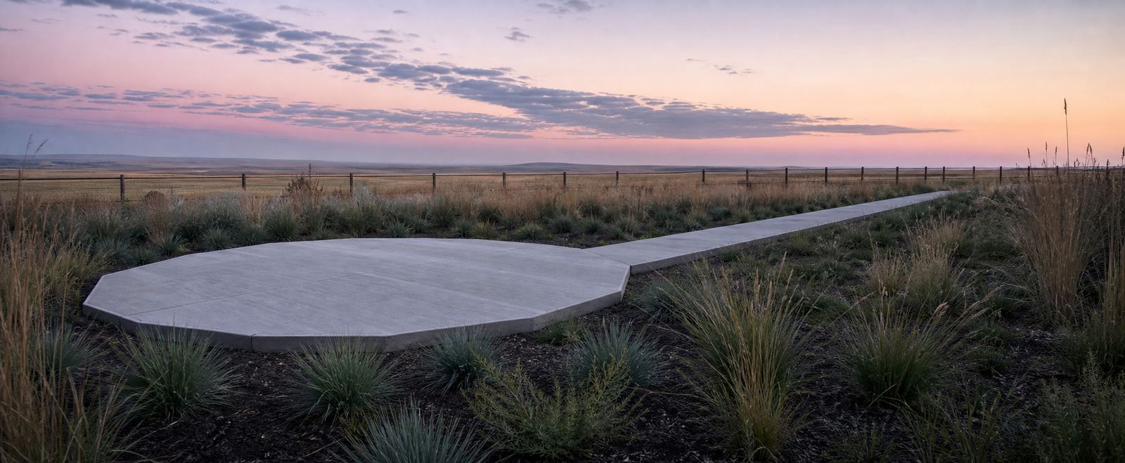 Octagonal concrete patio and long walkway beside open prairie at dawn