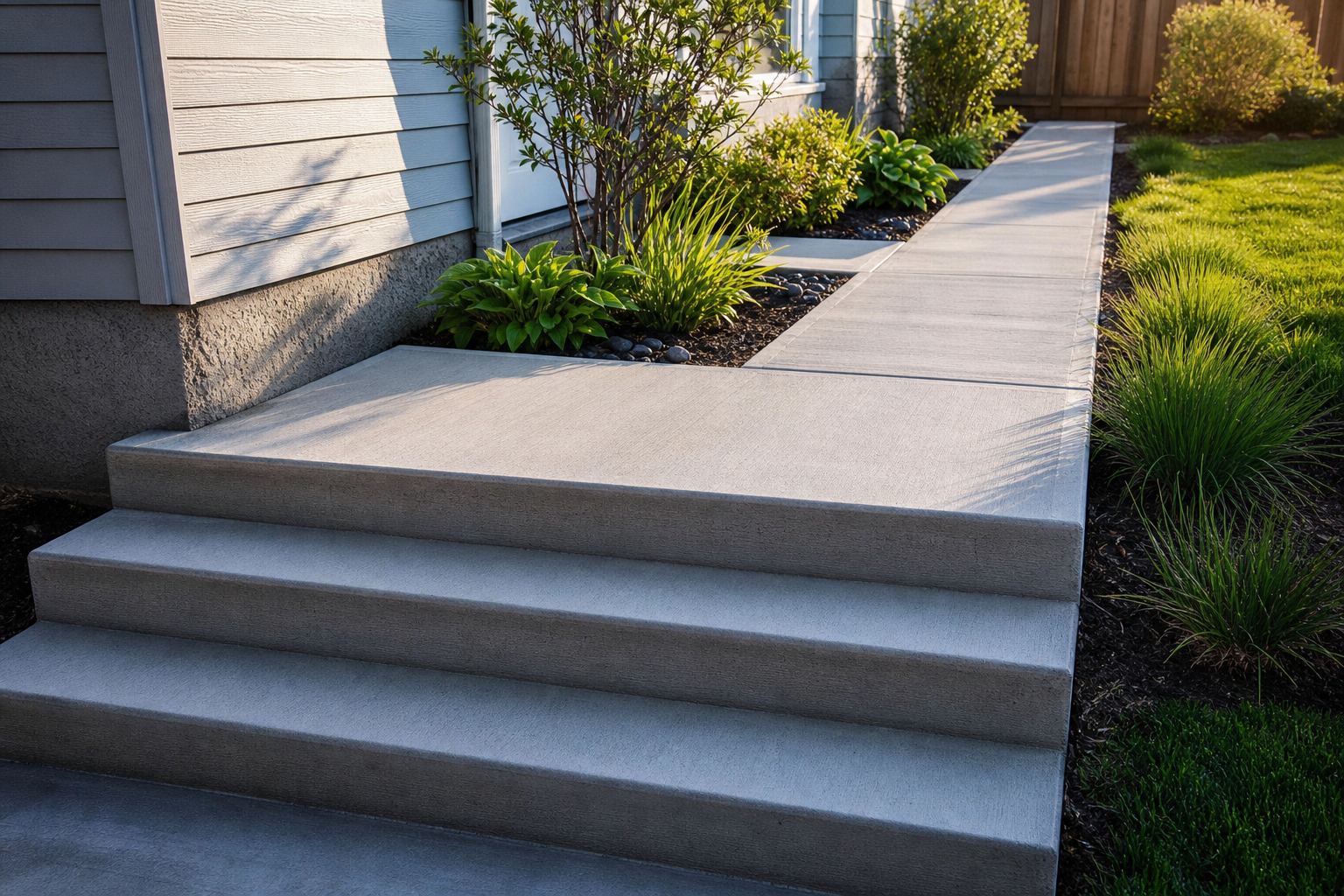 Concrete entry steps, landing, and narrow walkway